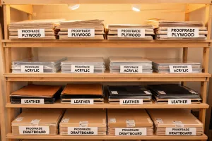 Proofgrade material shelves in maker studio