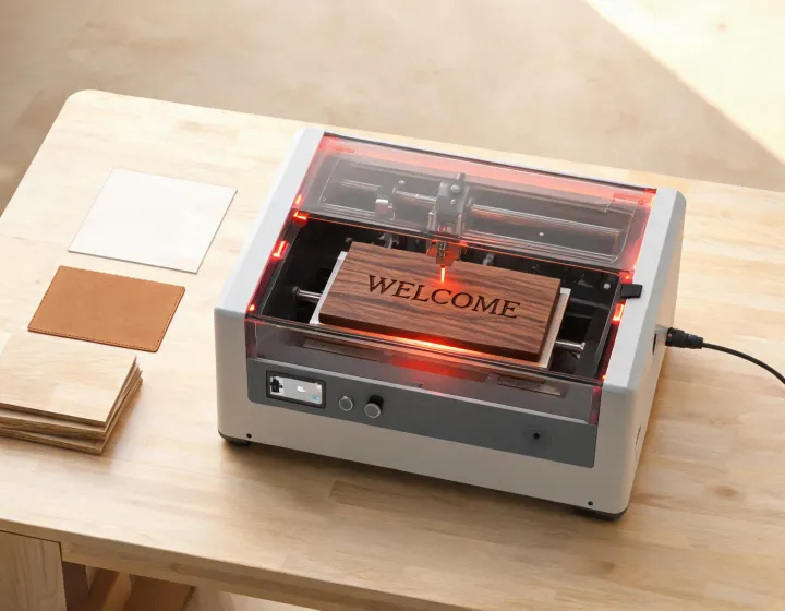 Glowforge desktop laser engraving a walnut sign in a maker studio