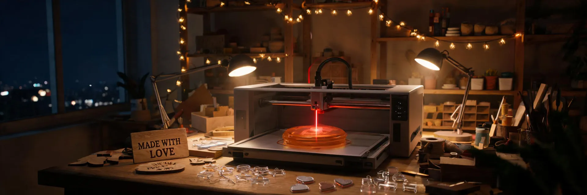 Maker studio at night with desktop laser glowing through lid