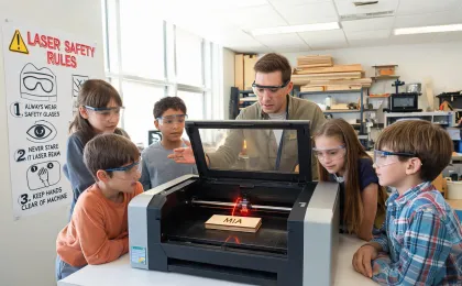 Teacher using desktop laser in a school maker lab