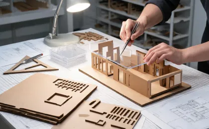 Architectural model parts cut from mat board