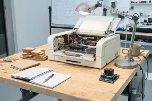 Early desktop laser prototype on maker bench