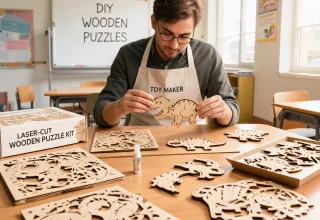 Educational toy maker assembling wooden puzzle