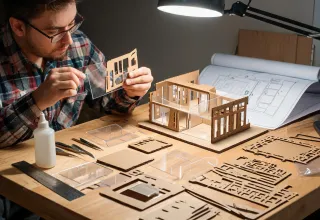 Architectural model maker assembling laser cut board