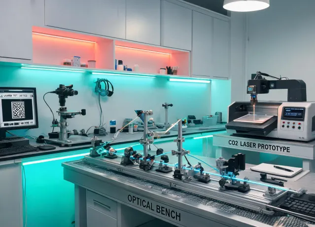 Glowforge innovation lab with optical bench and desktop laser prototype